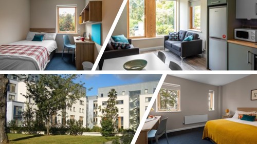 Collage of student accommodation showing two bedrooms double and single, kitchen and living area and outside image of accommodation.